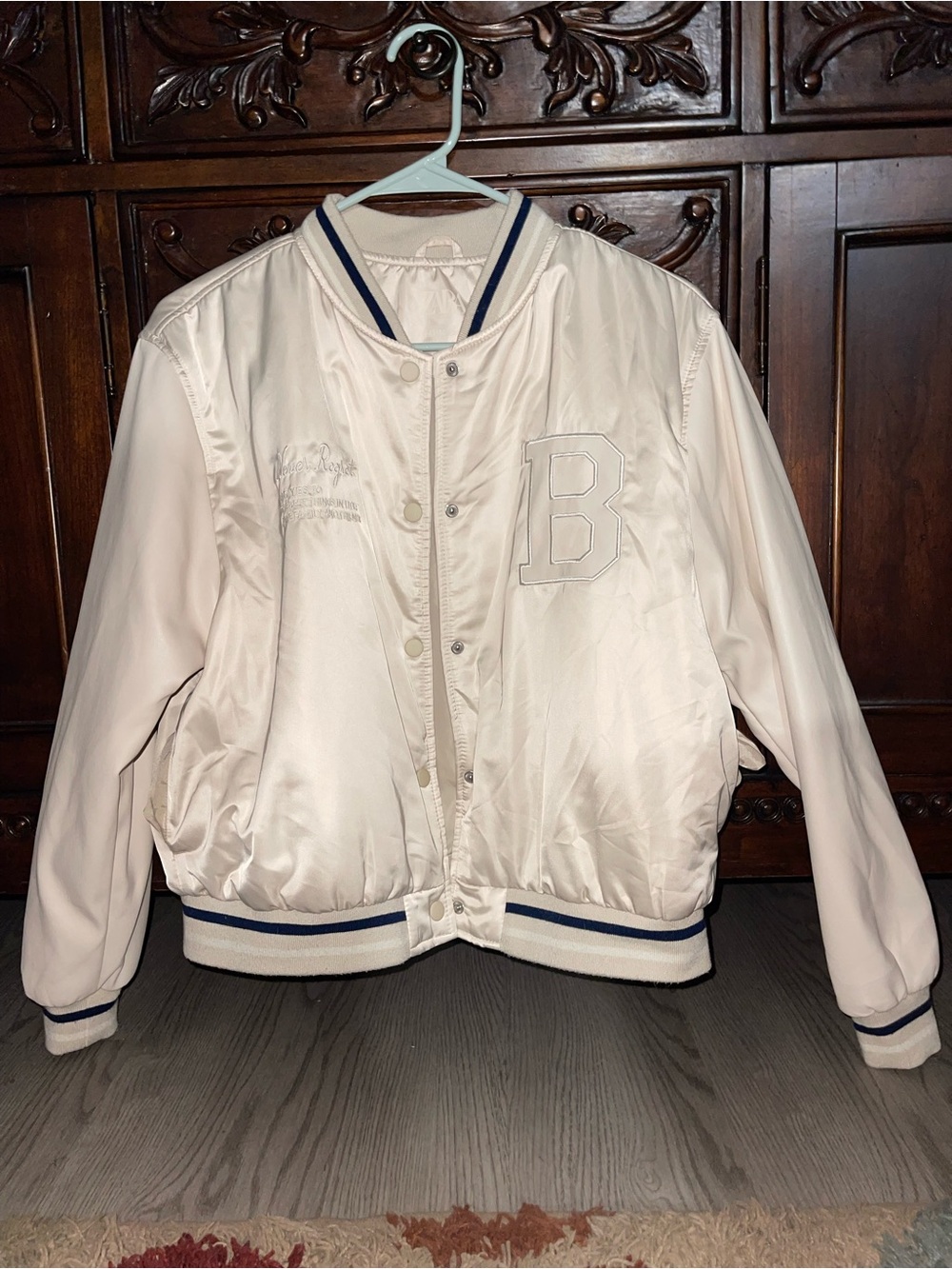Zara Light cream Satin Varsity Bomber Jacket size 13-14 / 164 EUC